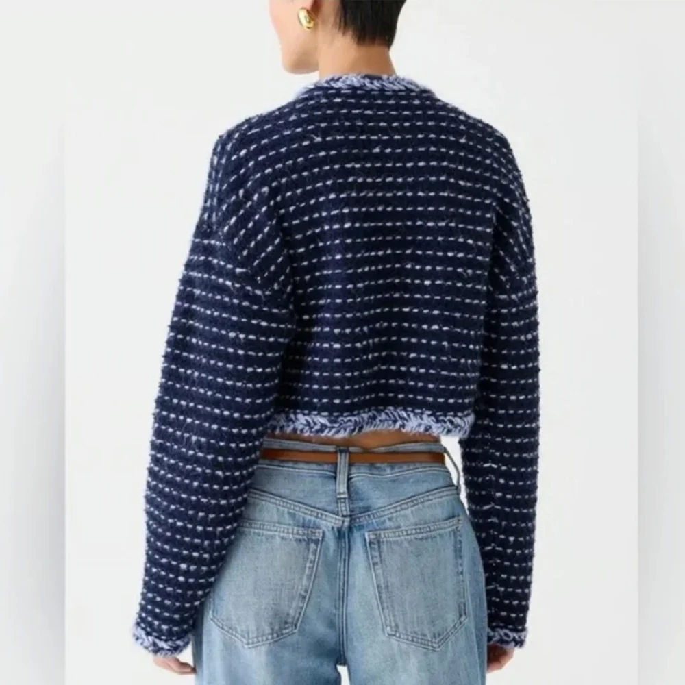 J. Crew Cropped Marled Yarn Navy Blue Merino Wool Alpaca Lady Jacket Blazer - Picture 3 of 13